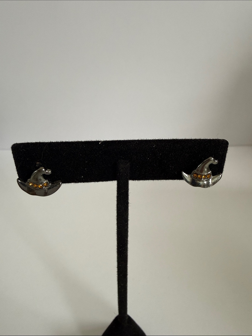 Black metal Witch Hat Stud Earrings with Amber Crystals Great for Halloween